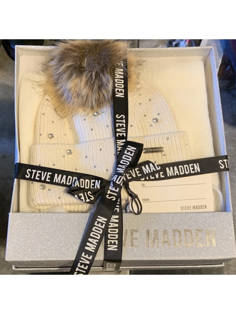 Steve Madden White Beanie with Faux Fur Pom & Branded Black Ribbon